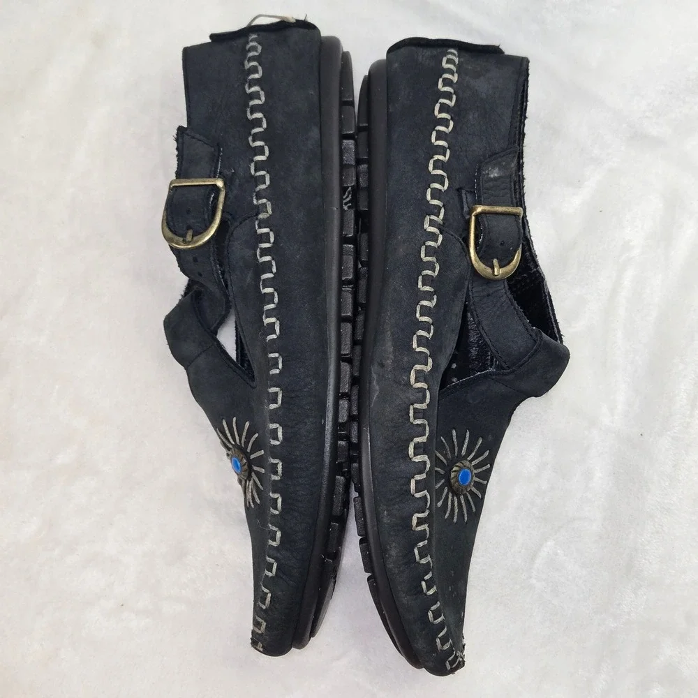 Hush Puppies Womens 8.5 W Black Leather T-Strap Sunburst Flats Shoes 58304